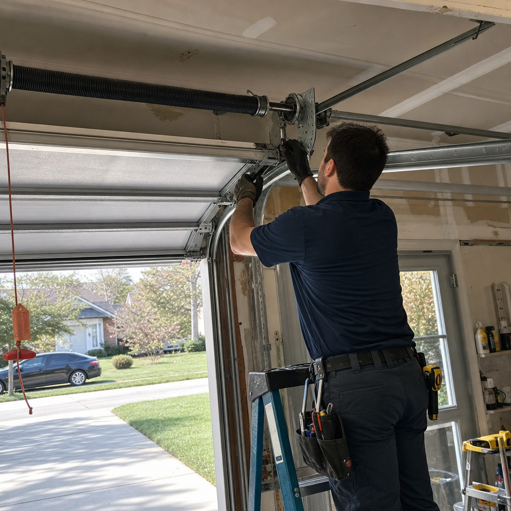 Technician performing professional emergency garage door spring repair on a ladder in Stow, OH