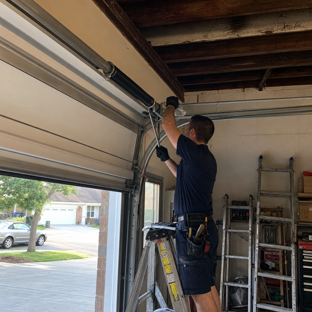 Technician performing professional emergency garage door spring repair in Broadview Heights, OH
