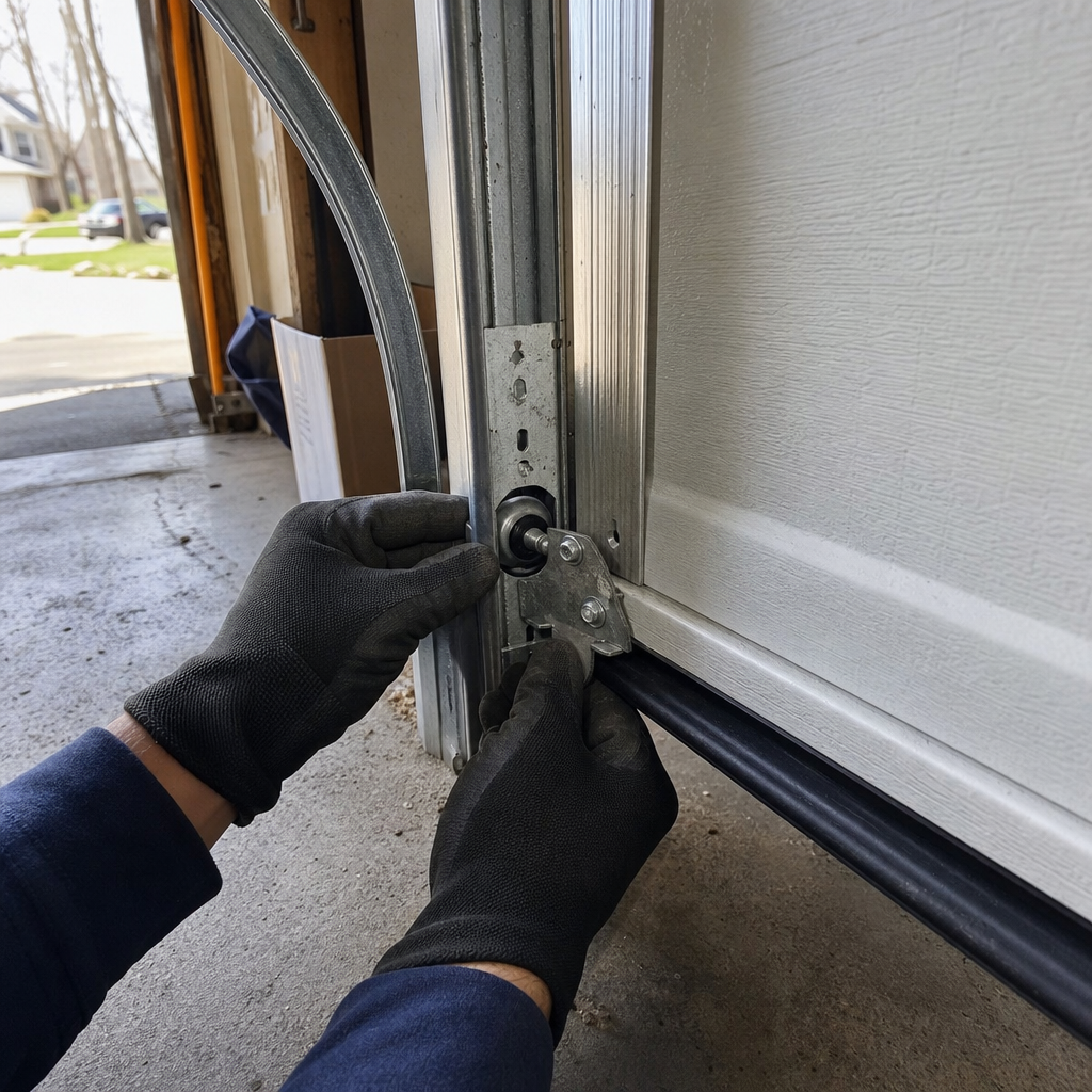 Technician performing emergency garage door repair on a hinge and roller in Lyndhurst, OH