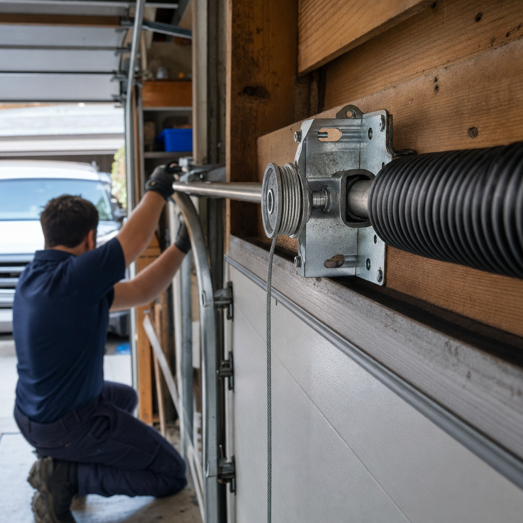 Technician performing professional garage door spring repair and maintenance in Akron, OH