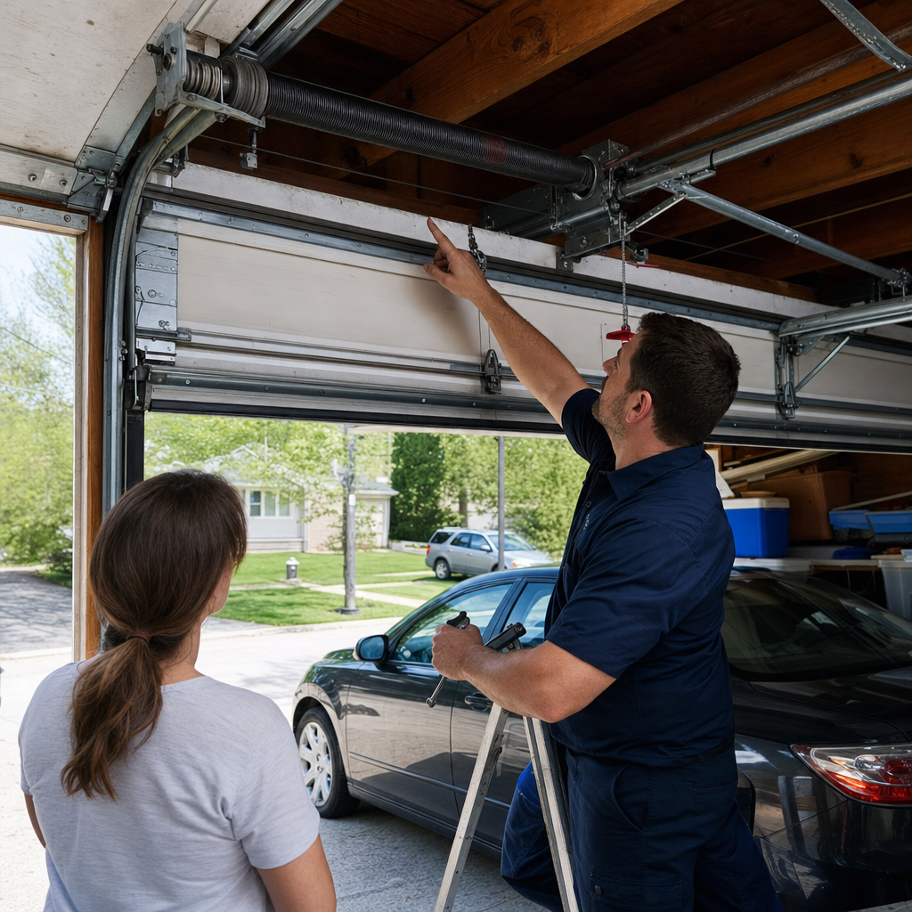 Technician explaining garage door spring repair to a homeowner in Akron, OH