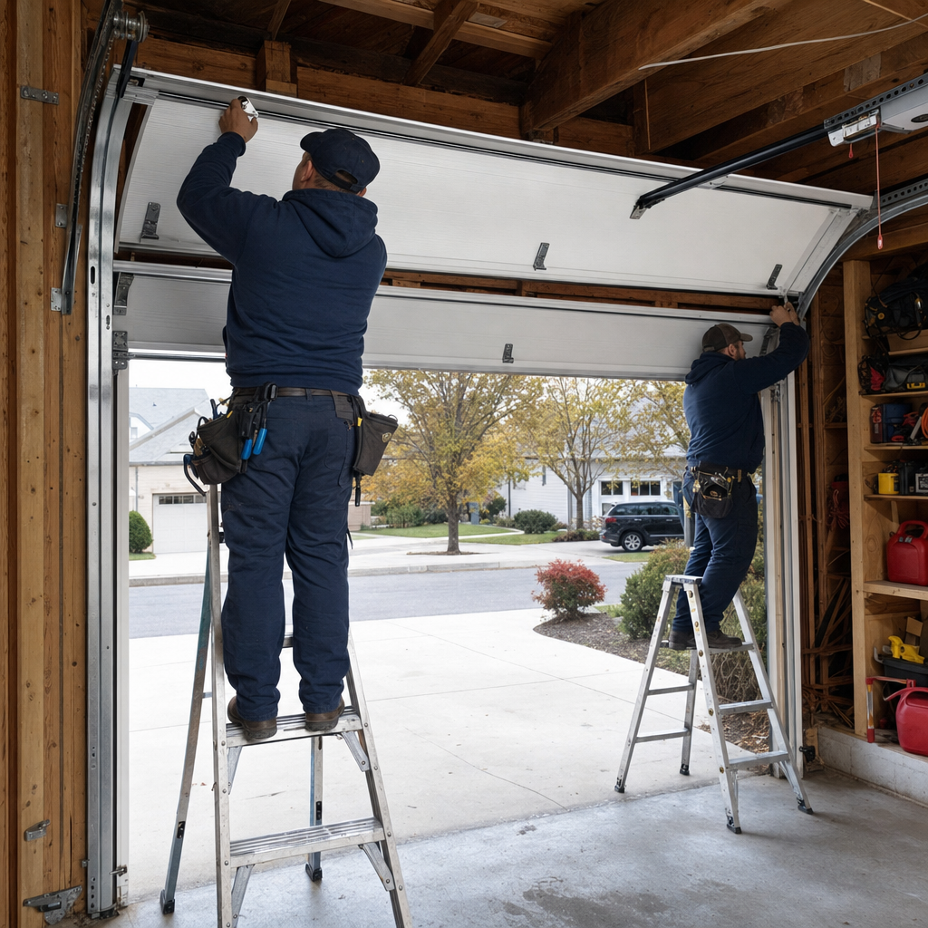 Two professional technicians installing a new residential garage door in Parma, OH