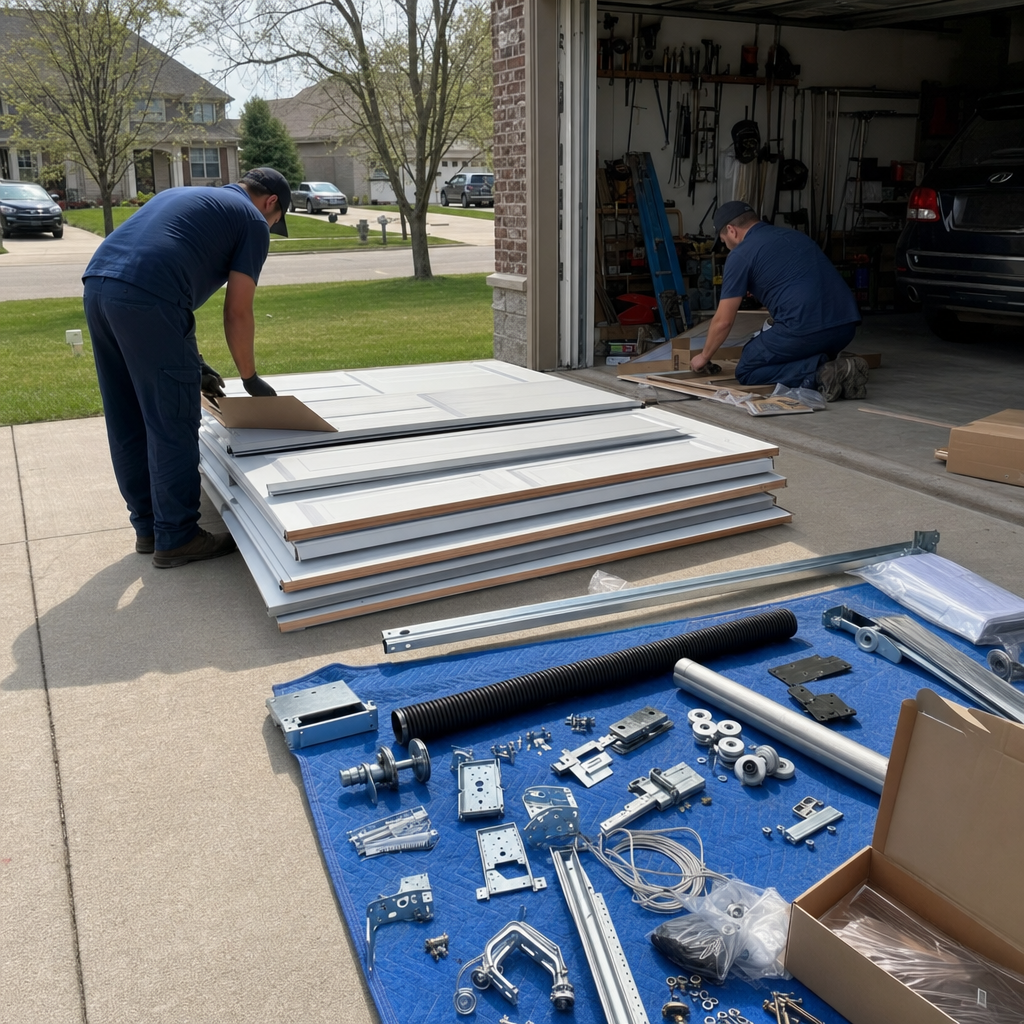 Two technicians preparing materials for a residential garage door installation project. in Munroe Falls, OH