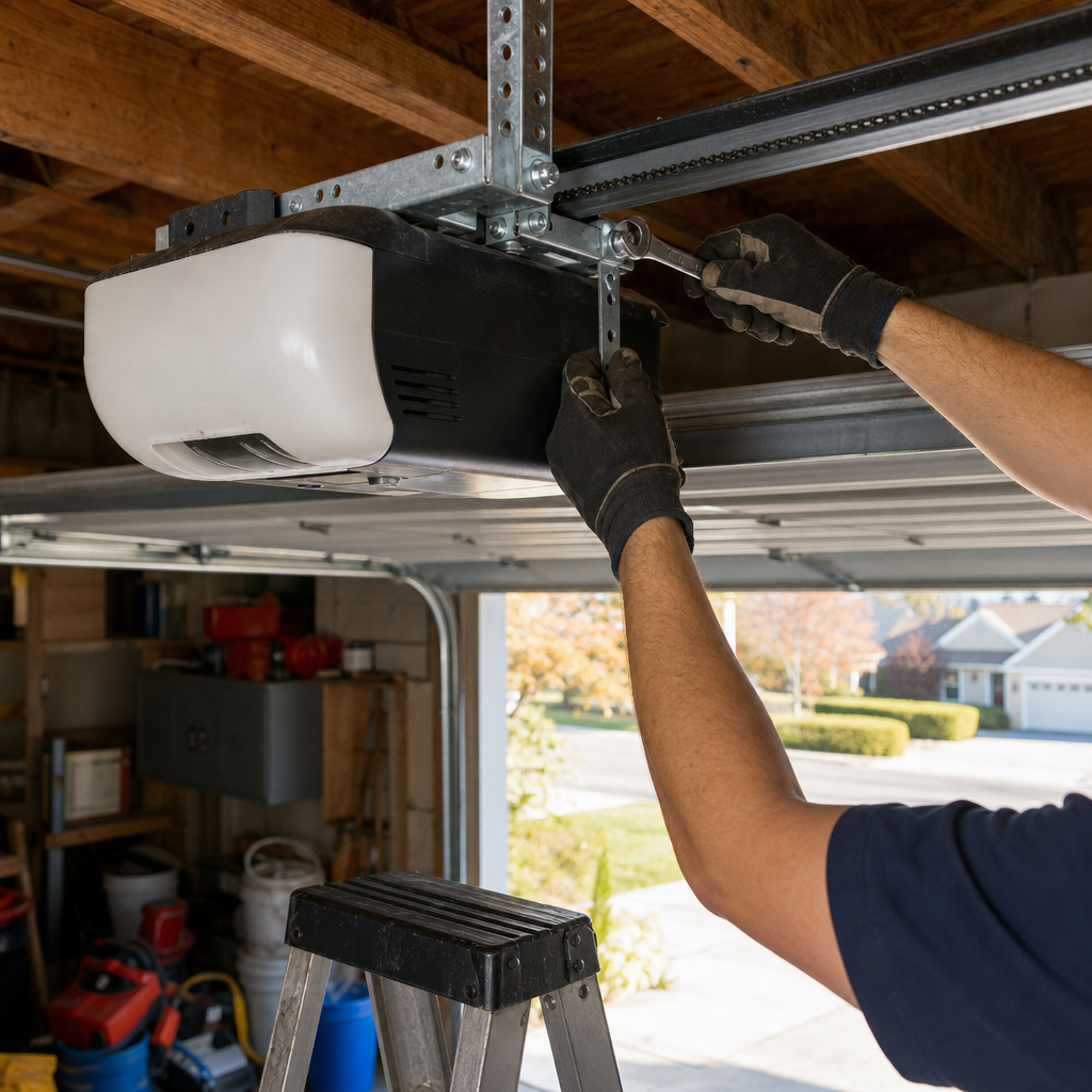 Technician using a wrench to repair a garage door opener motor in Akron, OH