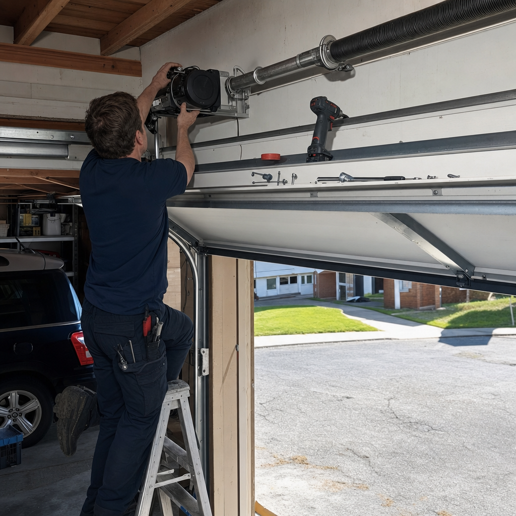 Technician installing a modern wall-mount garage door opener on a ladder in Kent, OH