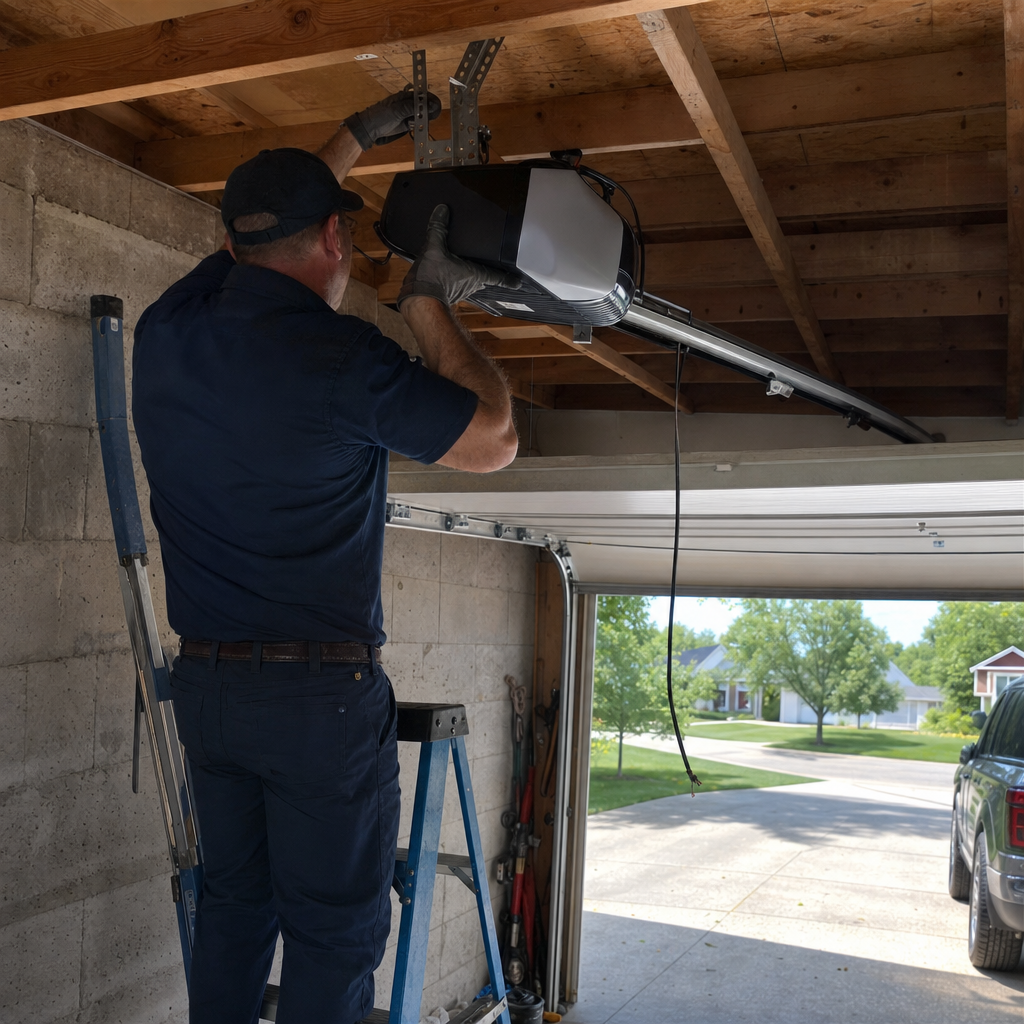 Technician performing professional garage door opener installation and maintenance