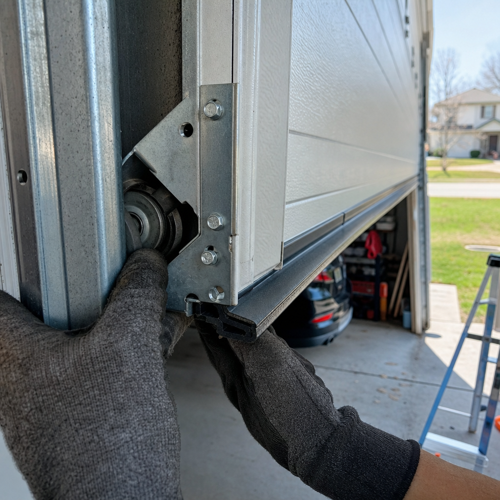 Technician performing professional garage door roller maintenance and repair in Bedford, OH