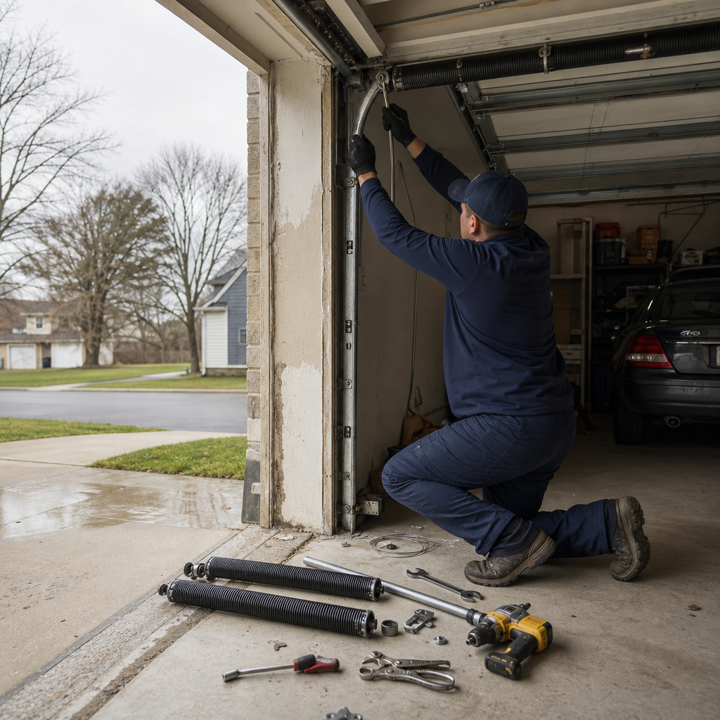 Technician performing garage door repairs with professional tools and replacement springs in Brunswick, OH