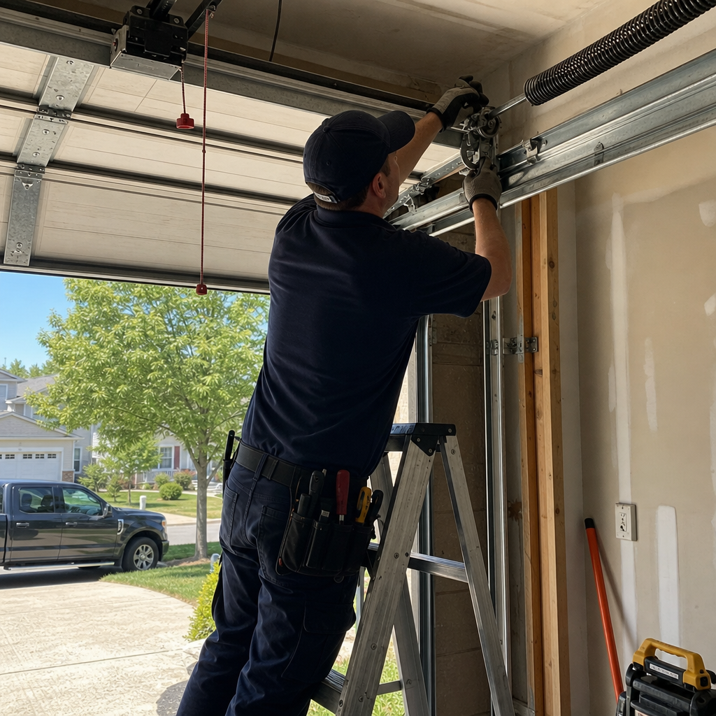 Professional garage door technician repairing door torsion spring on a ladder in Wooster, OH