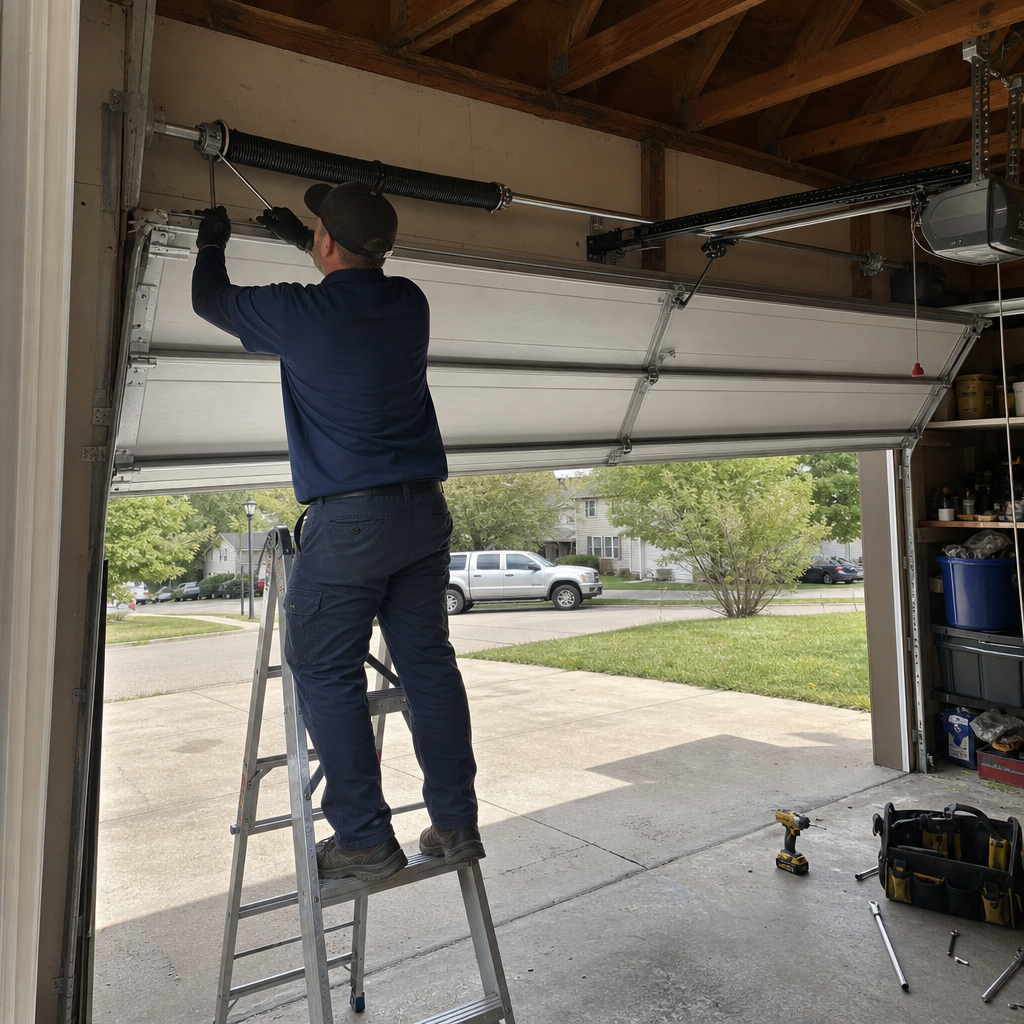 Technician performing professional garage door spring repair and maintenance in Copley, OH