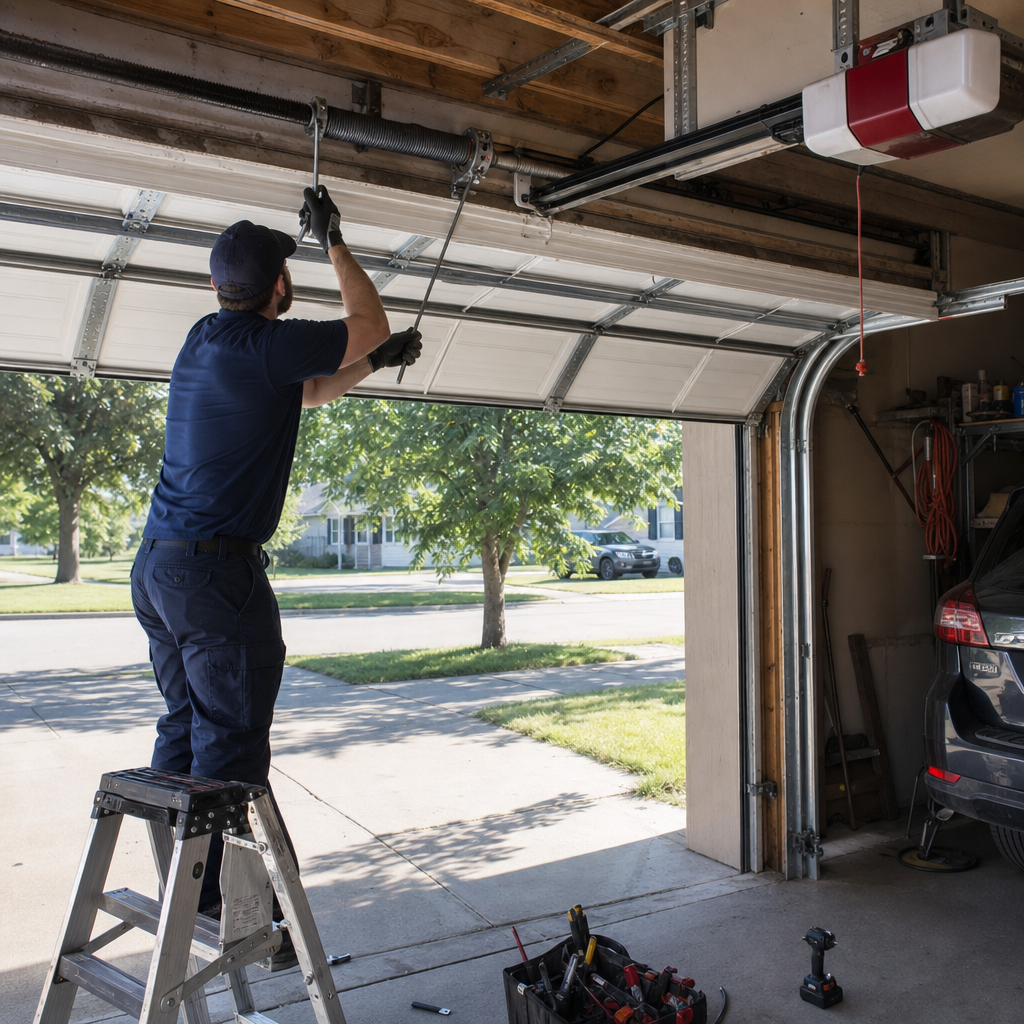 Professional technician repairing garage door torsion spring on a ladder in Maple Heights, OH