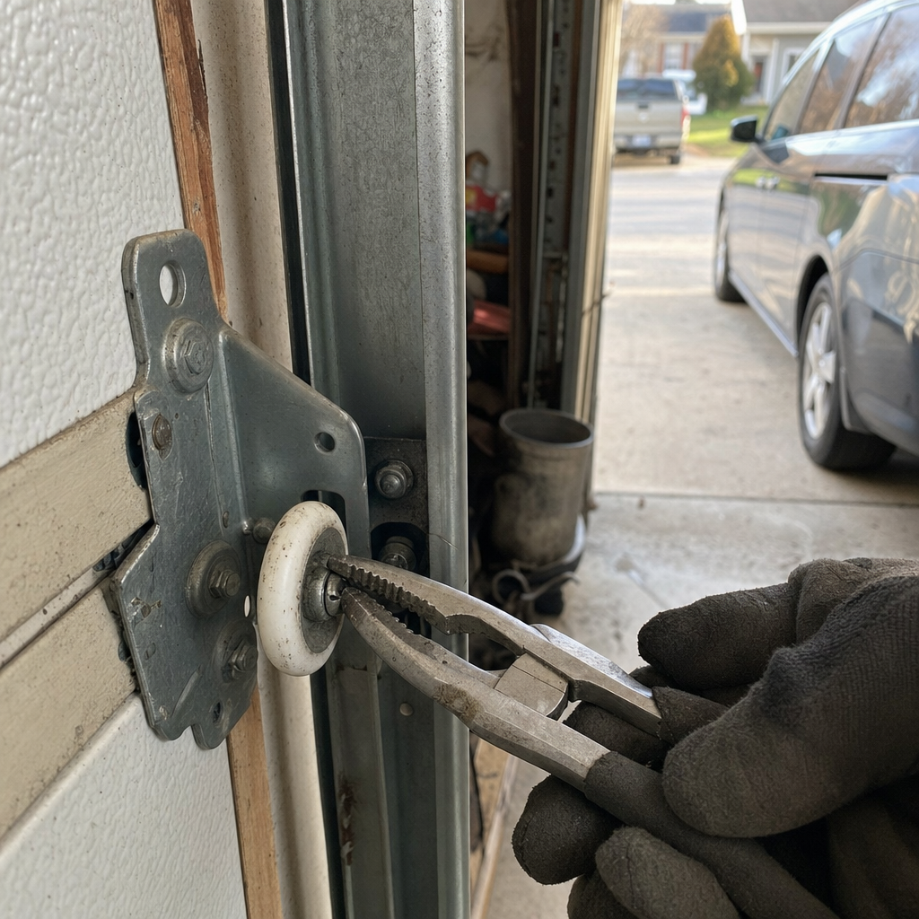 Technician performing garage door roller repair and maintenance in Akron, OH